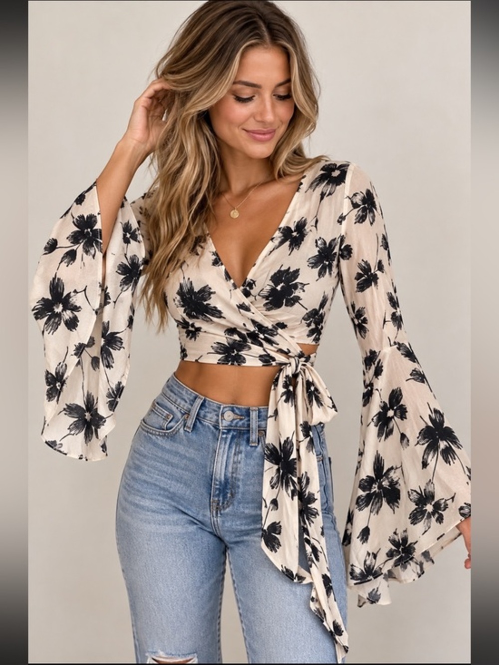 Dainty Hooligan Floral Wrap Crop Top Bell Sleeve Tie Waist Blouse